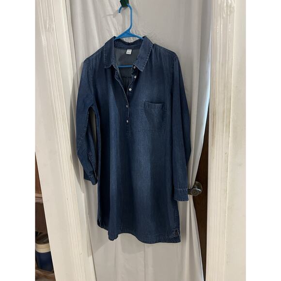 OLD NAVY Shirt Dress L Dark Wash Chambray Denim Shirt Tail Hem Tunic Western EUC - Picture 2 of 6
